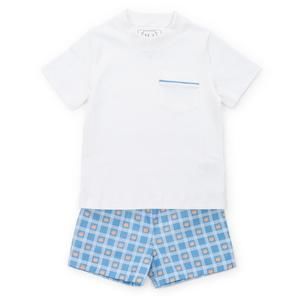 NEW LILA + HAYES boy's pumpkin plaid short set in blue / white